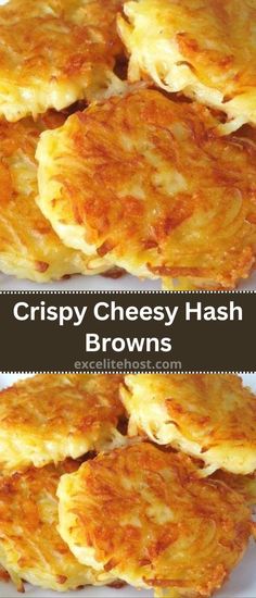 crispy cheesy hash browns on a white plate with text overlay that reads, crispy cheesy hash browns