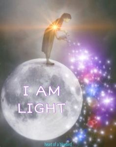 a person standing on top of a moon with the words i am light above it