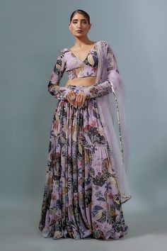 Lilac padded blouse featuring floral print all over with sequin embroidery and plunge back. Paired with a printed lehenga and a sheer dupatta. - Aza Fashions Floral Print Fitted Choli For Party, Fitted Floral Print Choli For Party, Floral Print Fitted Sets For Reception, V-neck Wedding Sets With Printed Motifs, Wedding Sets With Printed Motifs And V-neck, Wedding Sets With V-neck And Printed Motifs, Bohemian Lehenga With Digital Print, Bollywood Style Fitted Floral Lehenga, Fitted Georgette Choli With Printed Motifs