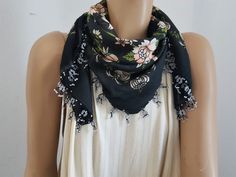 Black cotton scarf with a floral print and beaded trim. Dimensions: about 80x80 cm / 31½x31½ in Was this not exactly what you were looking for?  Look here for similar items:  https://www.etsy.com/shop/PashaBodrum/?section_id=22714644 If you like to see what else we have in store: http://www.etsy.com/shop/PashaBodrum?ref=si_shop Note that we offer combined shipping: you pay a lot less in shipping for a second or next item. The combined costs will show up automatically when you put the items in your shopping cart. Black Bohemian Scarf With Floral Print, Black Bohemian Scarves With Floral Print, Black Bohemian Cotton Scarves, Bohemian Black Cotton Scarves, Black Shawl Scarf For Summer, Black Summer Shawl Scarf, Turkish Scarf, Beaded Scarf, Cute Scarfs