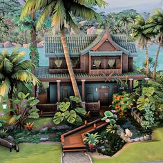 a painting of a tropical house with palm trees