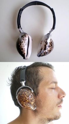 two different pictures of the same person with headphones in their ears, one has a leopard print pattern on it