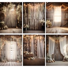 four different shots of a room decorated with lights and flowers