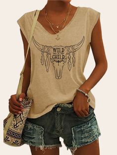 Wild Child Cowskull Graphic Tees Women's Casual Loose T-Shirts Cap Sleeve Cowgirl Top Summer Skull Print Crew Neck Top, Skull Print Crew Neck Top For Summer, Casual Summer Skull T-shirt, Casual Skull Print Summer T-shirt, Casual Skull Print Tops For Summer, Cowgirl Top, Funny Grandma, Cheap Clothing, Wild Child