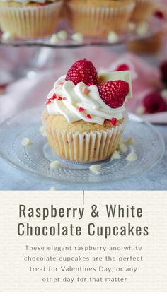 raspberry and white chocolate cupcakes on a plate with the title overlay