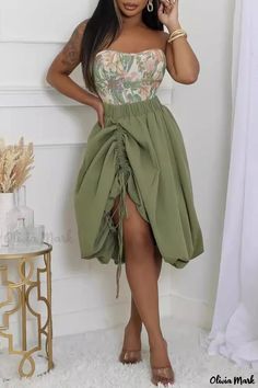 Olivia Mark - Chic High Waist Bubble Midi Skirt for Women Army Green Skirt, Metallic Jeans, Cardigan Sweater Dress, Blazer And Shorts, Green Skirt, Dress Suits, 8 M, Skirt Fashion, Skirt Length