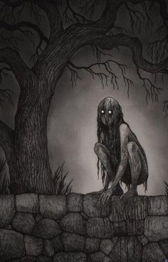 a black and white drawing of a creepy creature sitting on a stone wall next to a tree