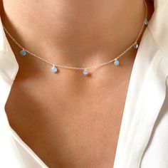 Blue Opal Drop Necklace Opal Drop Necklace in 925 Sterling Silver. Seven pave circles encrusted with Blue Opalique stones. The Necklace length is 16" including a 2" extender so measuring 18" in total, giving the option of wearing the necklace closer to the neck or on the neckline. A delightful dainty necklace, great for layering, or just stunning on its own.  Your purchase will arrive in a organza pouch, but if you would like a luxury ribboned box, as illustrated, then please select from the dro Light Blue Sterling Silver Necklace Fine Jewelry, Light Blue Sterling Silver Necklace, Light Blue Birthstone Necklace In Sterling Silver, Light Blue Sterling Silver Birthstone Necklace, Light Blue Sterling Silver Round Necklace, Light Blue Round Sterling Silver Necklace, Drop Necklace Silver, Light Blue Necklace, Dainty Choker Necklace