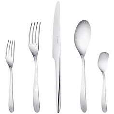 an assortment of silverware including forks, knives and spoons on a white background