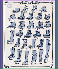 a drawing of different types of boots and their names in blue ink on white paper