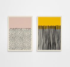 two paintings with black and white lines on them, one in yellow and the other in pink