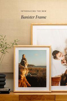 two framed pictures sitting on top of a wooden table next to a plant and books