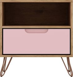 a pink and brown cabinet with two drawers on one side, an open drawer on the other