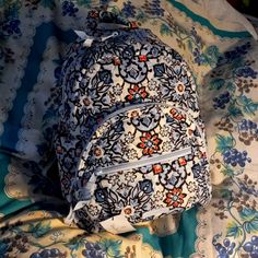 Vera Bradley Essential Compact Backpack Lisbon Medallion Print Light Blue, Pink, White & Navy 2 Front Zippered Pockets 2 Side Slip Pockets, 1 With Extender Zipper Double Zip Entry With 2 Slip Pockets Inside. Size Approximate 10 X 13 X 4.5 Compact Backpack, Medallion Print, School Fits, Vera Bradley Bags, Vera Bradley Backpack, Lisbon, Vera Bradley, Front Zipper, Inside Pocket