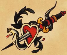 an artistic tattoo design on the back of a heart and two swords, with flames coming out of it