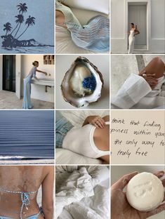 a collage of photos with different things in them including shells, sand and palm trees