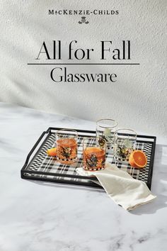 an all for fall glassware tray with three glasses on it and the words,'all for fall glassware '