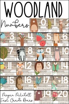 the woodland numbers poster is shown with animals