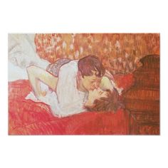 a painting of a man and woman laying on a bed with red sheets, looking at each other