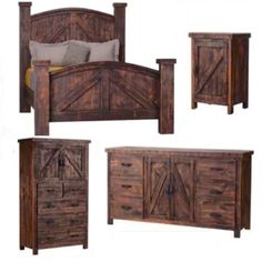 four pieces of furniture including a bed, dresser and nightstand with doors on each side