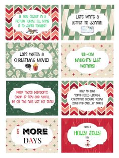 four christmas movie ticket cards with holiday sayings on the front and back, all in different colors