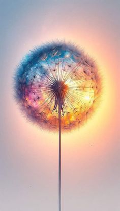 a dandelion with the colors of blue, yellow and pink against a pastel sky