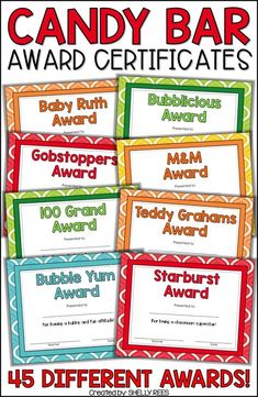 candy bar award certificate with four different colors and text on the front, one for each child