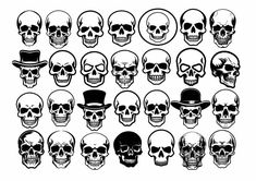 a bunch of skulls with hats on them