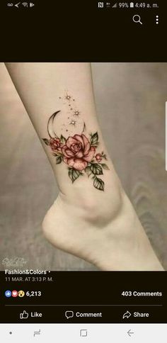 a woman's foot with a rose tattoo on the side and stars above it