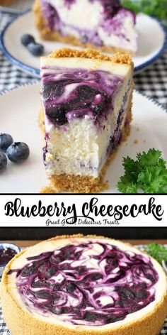 A double collage photo of blueberry cheesecake with the title of the recipe in the center between the two pictures. Blueberry Cheesecake No Bake, Fresh Blueberry Cheesecake, Home Made Cheesecake, No Bake Blueberry Cheesecake Recipe, Blueberry Swirl Cheesecake, Berry Cheesecake Recipes, Blueberry Desserts Recipes, Blueberry Cheesecake Recipe, Blueberry Filling