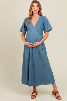 Product Code: 103077 Wrap Maxi Dress, Maxi Wrap Dress, Maternity Clothes, Chambray, Blush Pink, Over 50, Maxi Dress, Size Small, Blue