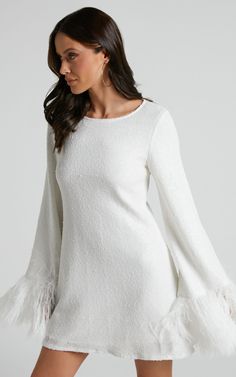 Rowella Mini Dress - Faux Feather Bell Sleeve Dress in White | Showpo USA Bell Sleeve Dress, Mini Dress With Sleeves, Christmas Wedding, Bell Sleeve, Sleeve Dress, Bell Sleeves, White Dress, Dresses With Sleeves, Mini Dress