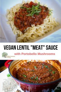 vegan lentil meat sauce with pasta and mushrooms