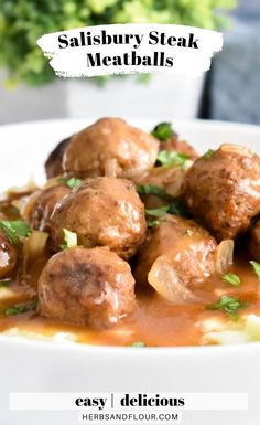 meatballs with gravy in a white bowl