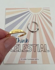 "SUN adjustable rings with \"THINK CELESTIAL\" Theme Notecard.  Sunshine Rainbow card will be sent  Message me if you want one of my other cards added instead of this one. * Mix and match amounts into your cart to get the exact amount you need. These rings are adjustable.  Comes packaged with one ring and card in a cellophane bag. For matching Printable s please check out my other listings. FREE shipping on all orders over $35, Mix and Match from my shop." Lds Yw Christmas Gift Ideas, Young Women Christmas Gifts Lds, Yw Birthday Gifts 2023, Celestial Gold Crystal Ring Gift, Lds Young Women’s Christmas Gifts, Yw Birthday Gifts 2022, Lds Jewelry, Boho Bracelets Stack, Youth Theme