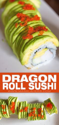 the sushi is made with avocado and red cauliflower on top