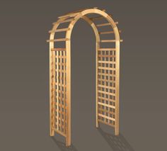 an arch made out of wood with lattices on the top and bottom side, in front of a gray background