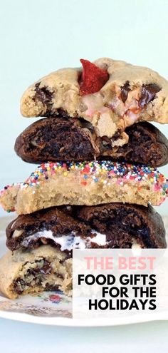 three cookies stacked on top of each other with sprinkles and chocolate chips