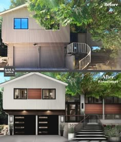 the before and after pictures of a house with garage doors on both sides, and an open door to another side