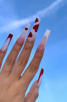 Valentine Nail Set, Valentines Nail Ideas, Nails February, Long Red Nails, Valentines Nail, Sugar Nails, Valentine Nail, Red Acrylic Nails, Nail Effects