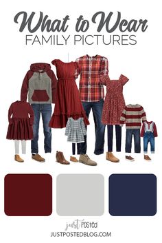 the color scheme for what to wear family pictures is red, white and blue with text overlay that reads'what to wear family pictures '