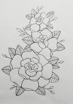 a line drawing of flowers with leaves on the top and bottom part of each flower