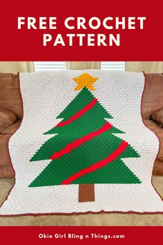 a crocheted christmas tree on a couch with the text, free crochet pattern