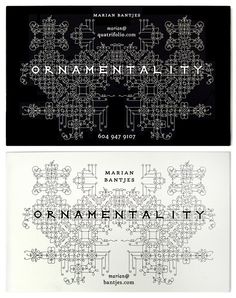 two black and white business cards with the words ornamentality on one side and an ornamental pattern on the other