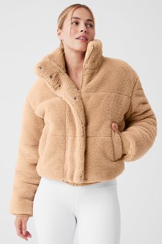 Sherpa Snow Angel Puffer - Camel Ombre Fabric, Cape Tops, Jacket Collar, Morning Walks, Snow Angel, Tan Jacket, Snow Angels, Teddy Jacket, Back Women