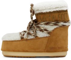 Ankle-high paneled shearling and suede boots in tan and off-white. · Lace-up closure · Self-tie drawstring at collar · Logo printed in gold-tone at collar · Embossed logo at heel · Insulated shearling lining · Textured rubber midsole in off-white · Treaded rubber outsole in tan Supplier color: Whisky/Off white Sherling Boots, Heeled Chelsea Boots, Boots Flat, Moon Boot, Patent Leather Boots, Shoes Boots Ankle, Leather Lingerie, Ankle Boots Flat, Moon Boots