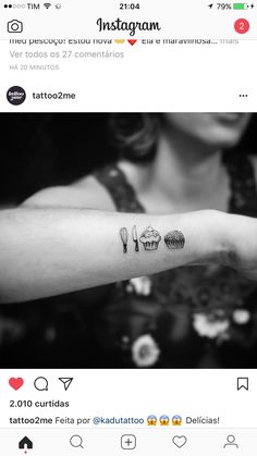 black and white photo of a woman's arm with cupcakes on it