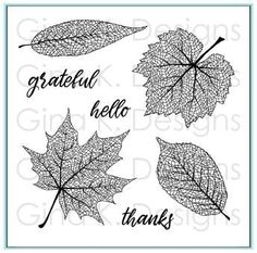 three leaves with the words grateful, hello and thanks