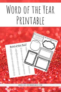 the word of the year printable is shown with red glitter and sparkles in the background