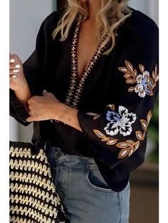 • Care Instructions: Hand wash • Fabric: 100%Cotton Elaborate Embroidery, Black Bohemian, Three Quarter Sleeve Blouses, Winter Blouses, Bohemian Blouses, Chic Blouses, Stylish Blouse, Bohemian Floral, Feminine Look